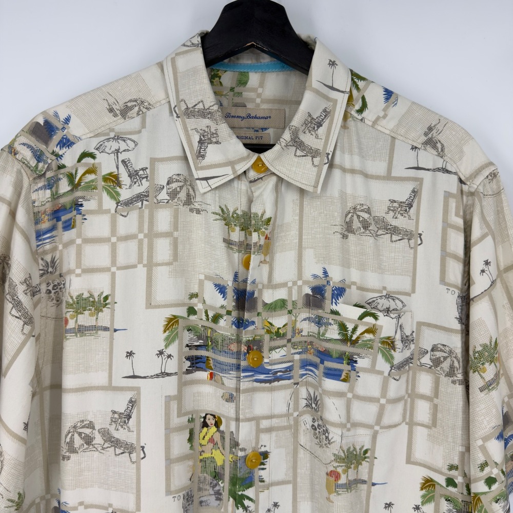 Tommy Bahama Mens Silk Hawaiian Shirt Medium Original Fit Tan Tropical Hula Girl